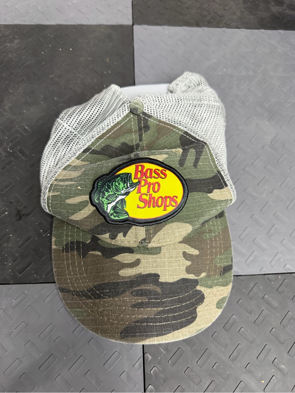 Bass Pro Shops Camo Mesh Trucker Hat with Yellow Logo Patch